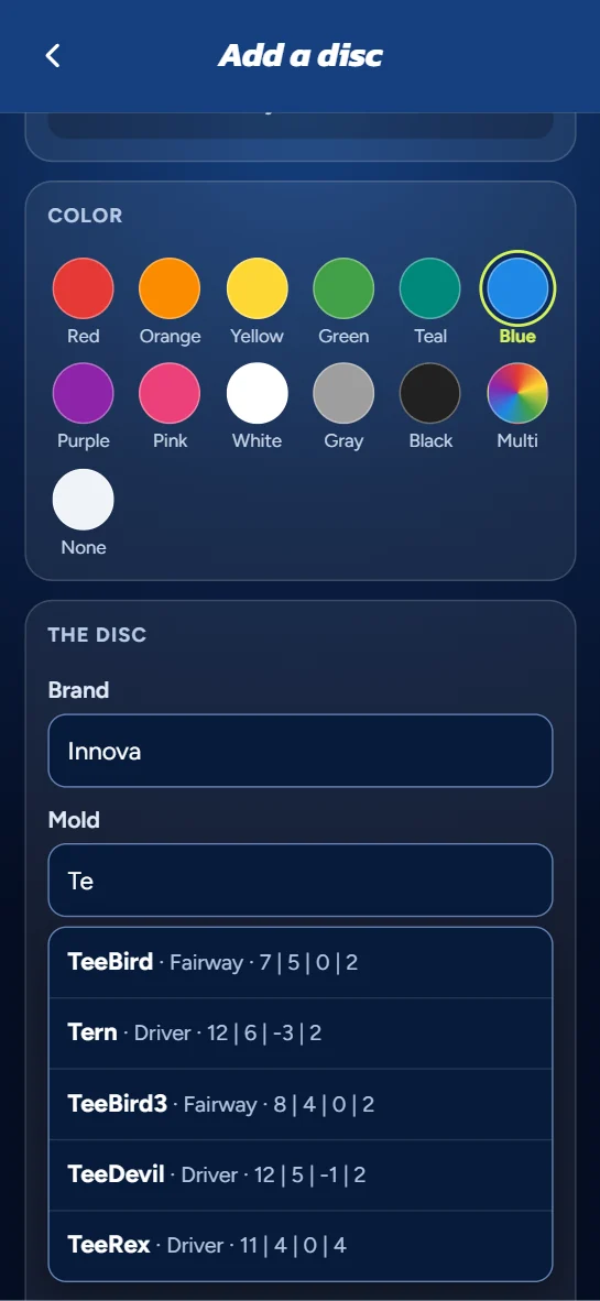 Adding a disc: pick the color, and mold suggestions show each disc's type and flight numbers