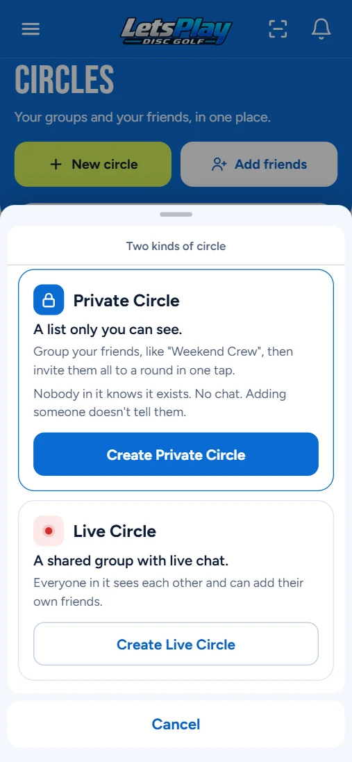 The two kinds of circle: a Private Circle only you can see, and a Live Circle with group chat