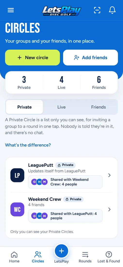 The Circles tab with your Private Circles, Live Circles and friends
