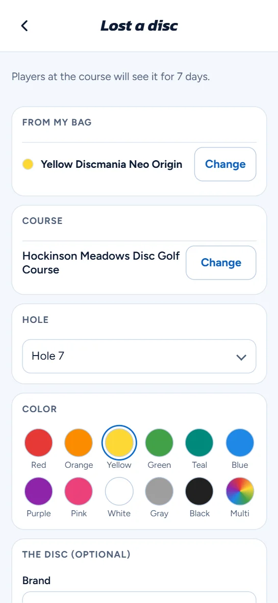 Posting a lost disc with its color, brand, mold and course