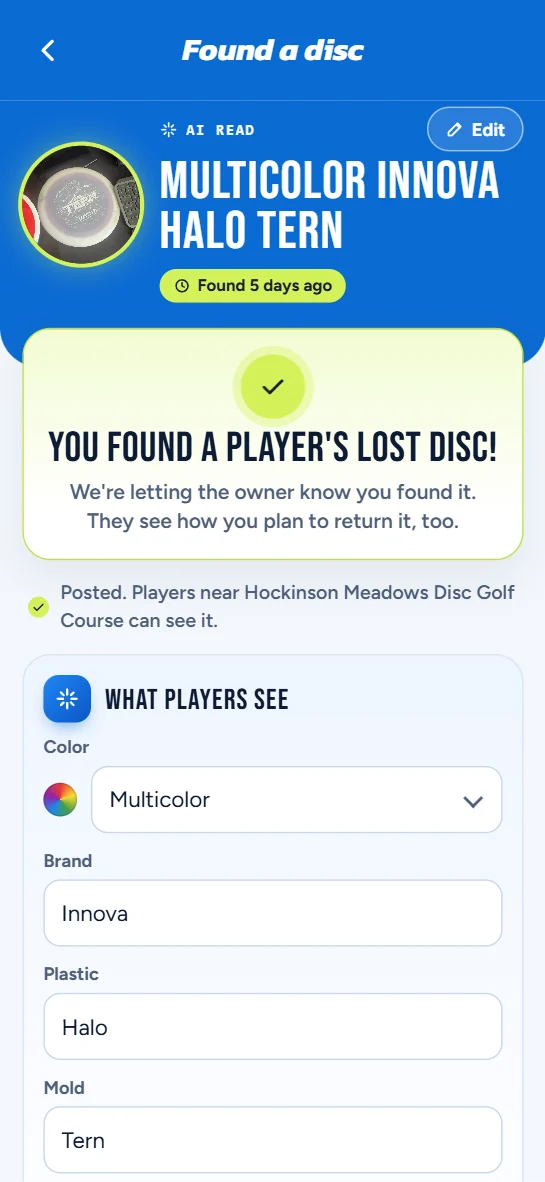 A found disc matched to its owner: You found a player's lost disc!