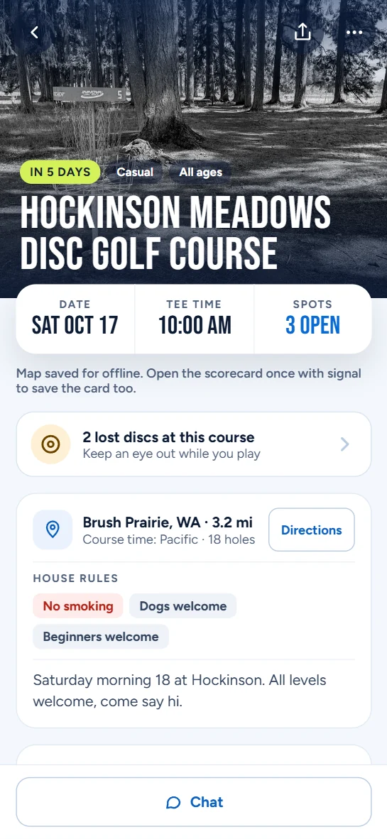 A round page with the date, tee time, open spots, house rules and the round chat