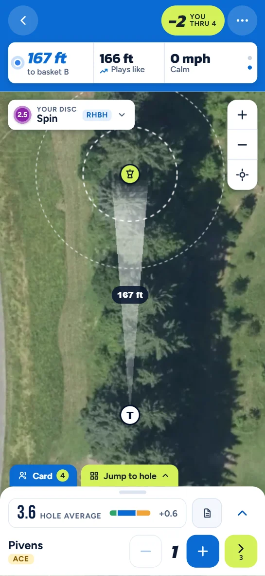 A hole on the scorecard over an aerial map, with distance, plays like and wind